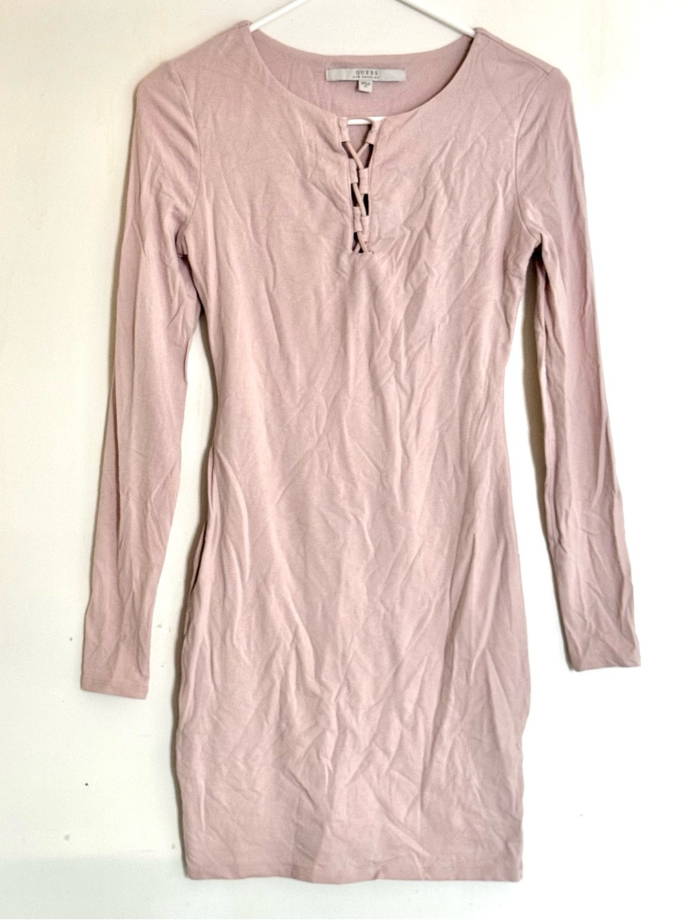 Guess Long Sleeve Lace-Up Bodycon Dress in Light Pink